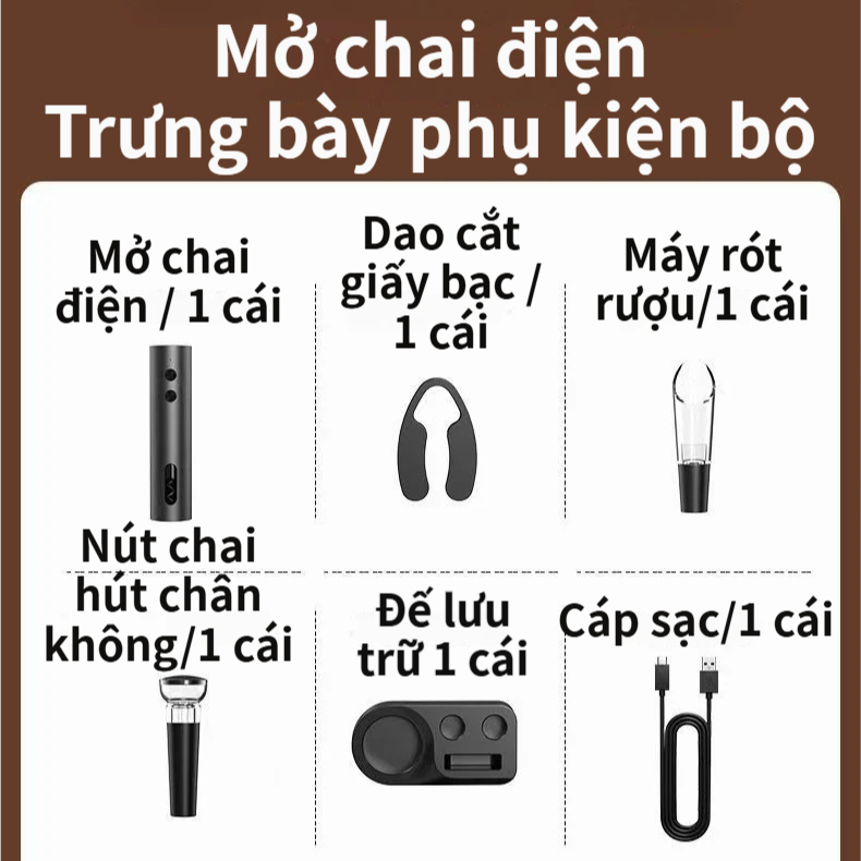 Dụng Cụ Mở Rượu Vang Điện Tự Động Cao Cấp Mở Nút Trong 7 Giây Không Gãy Nút Bộ Quà Tặng Mở Rượu Vang Đầy Đủ Cho Phòng Ba