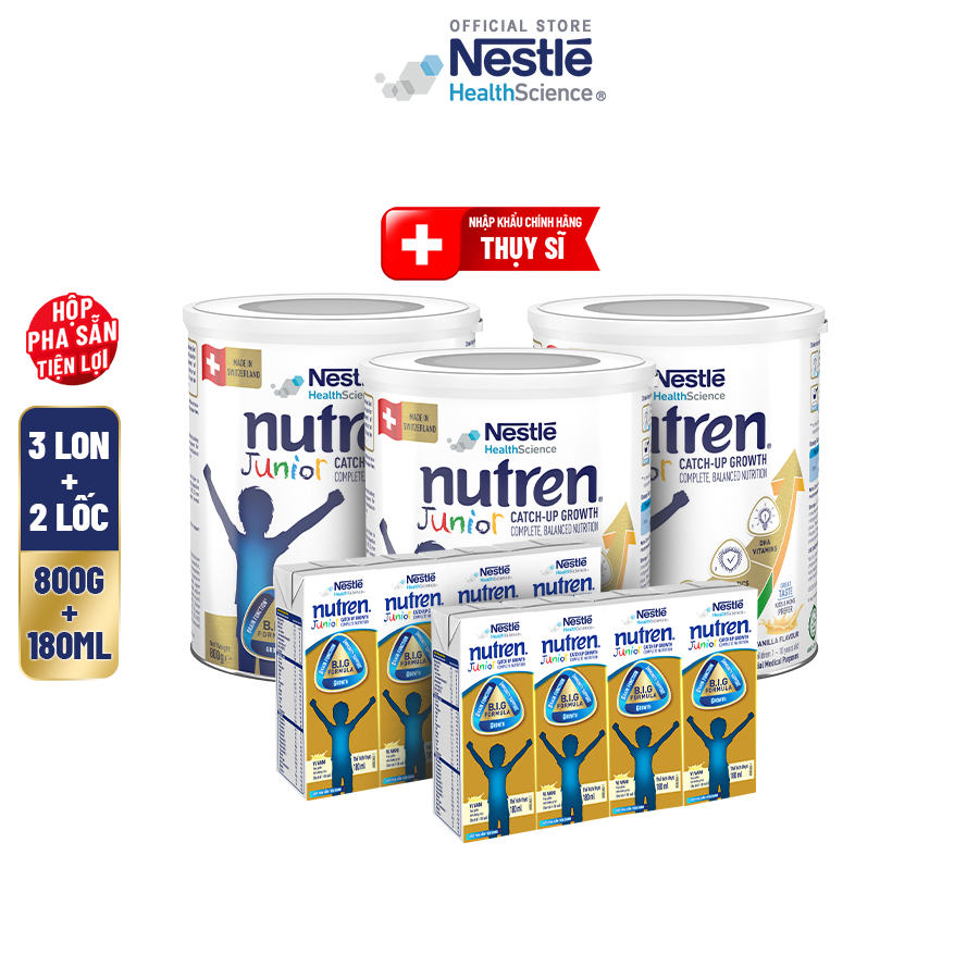 Bộ 3 Sữa Bột NESTLÉ NUTREN JUNIOR Thụy Sĩ Với Công Thức BIG Hỗ Trợ Tăng Trưởng Cho Bé 800G+2 Lốc 4 hộp sữa pha sẵn 180ML