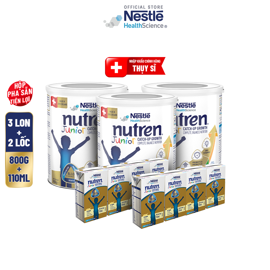Bộ 3 Sữa Bột NESTLÉ NUTREN JUNIOR Thụy Sĩ Với Công Thức BIG Hỗ Trợ Tăng Trưởng Cho Bé 800G+2 Lốc 4 hộp sữa pha sẵn 110ML
