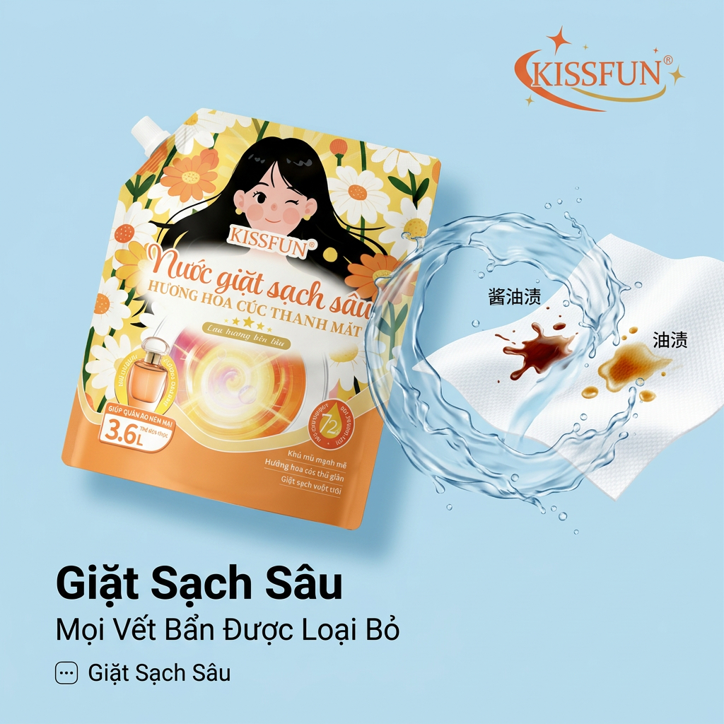 Nước giặt KISSFUN hương hoa cúc | Túi 3.6L | Sạch sâu & Mềm vải - Khử Mùi & Lưu hương 72h