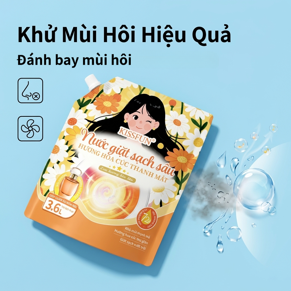 Nước giặt KISSFUN hương hoa cúc | Túi 3.6L | Sạch sâu & Mềm vải - Khử Mùi & Lưu hương 72h