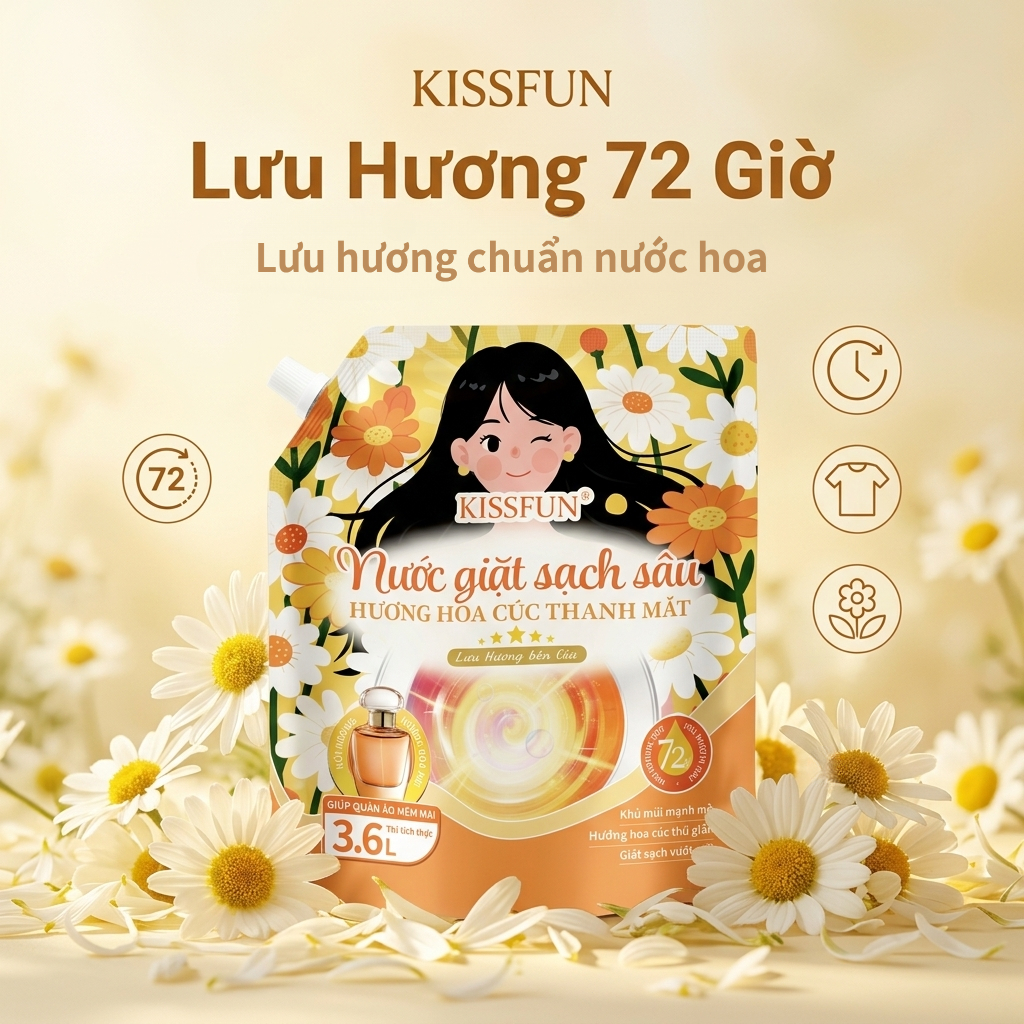 Nước giặt KISSFUN hương hoa cúc | Túi 3.6L | Sạch sâu & Mềm vải - Khử Mùi & Lưu hương 72h