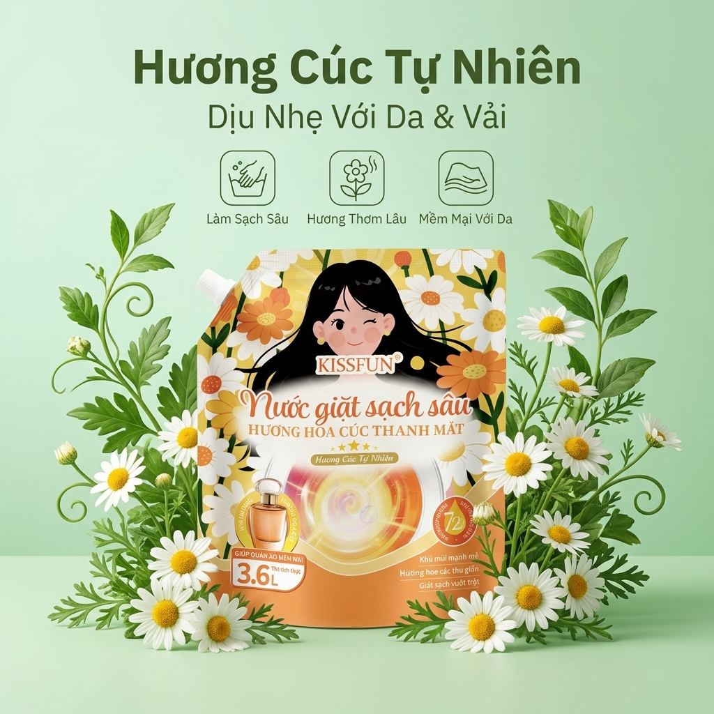 Nước giặt KISSFUN hương hoa cúc | Túi 3.6L | Sạch sâu & Mềm vải - Khử Mùi & Lưu hương 72h