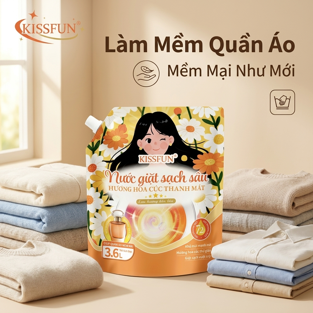 Nước giặt KISSFUN hương hoa cúc | Túi 3.6L | Sạch sâu & Mềm vải - Khử Mùi & Lưu hương 72h