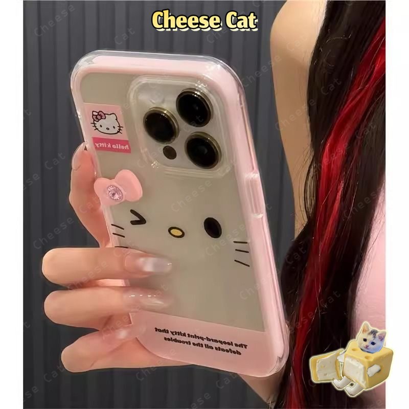 Vỏ bảo vệ iPhone hình nơ kim cương màu hồng 3D Kitty có dây buộc cho iPhone 15 16 17 11 12 13 14 Pro Max Plus 17 Air