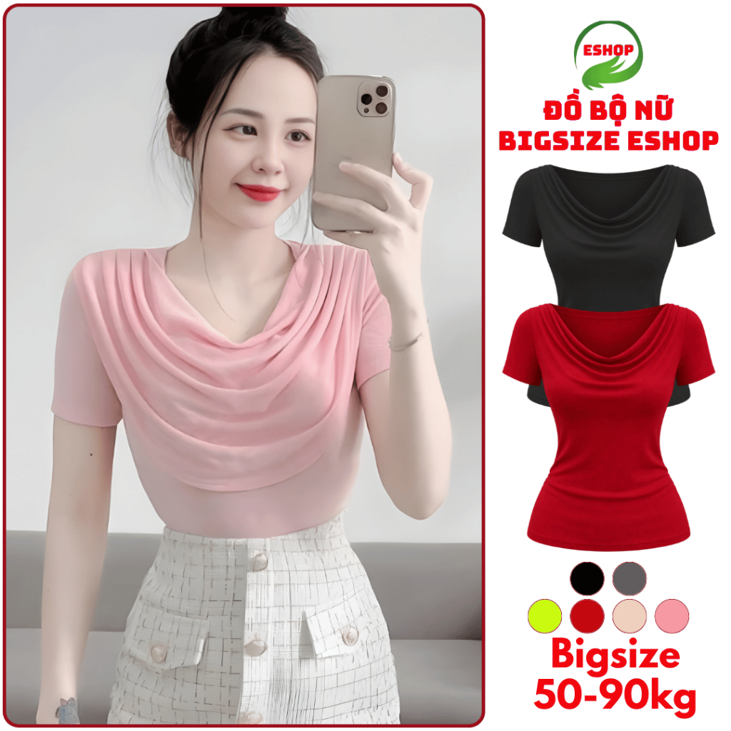 Áo Thun Nữ Bigsize Tay Ngắn Cổ Đổ ESHOP Áo Kiểu Thiết Kế Nhũ Sang Chảnh Mặc Hè Đi Chơi, Đi Làm MS164