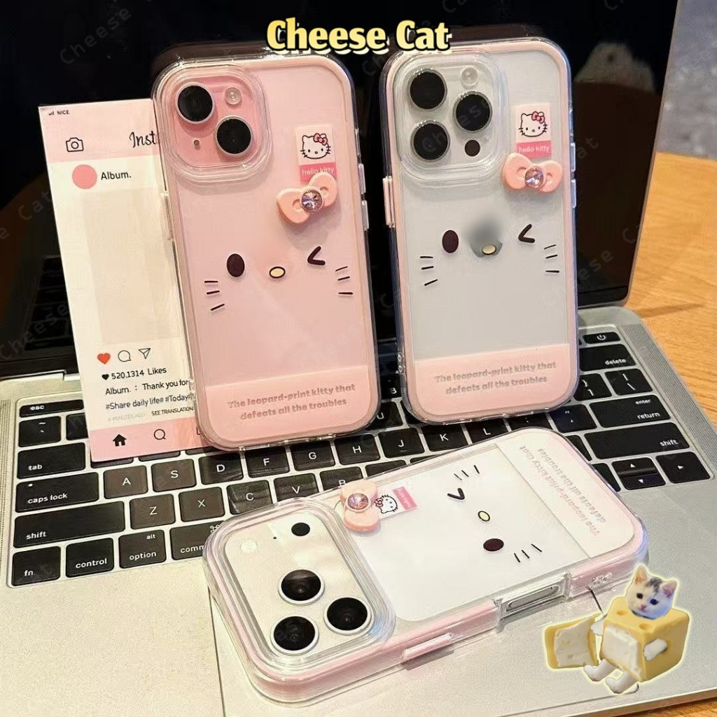 Vỏ bảo vệ iPhone hình nơ kim cương màu hồng 3D Kitty có dây buộc cho iPhone 15 16 17 11 12 13 14 Pro Max Plus 17 Air