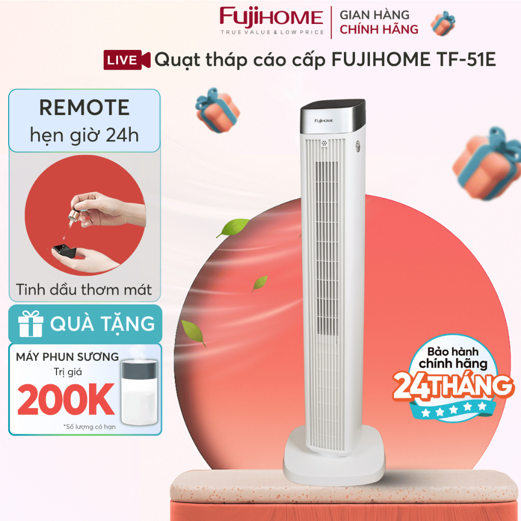 Quạt tháp TF-51E Nhập Khẩu FUJIHOME, Quạt điện cây điều khiển từ xa tiết kiệm điện có tinh dầu