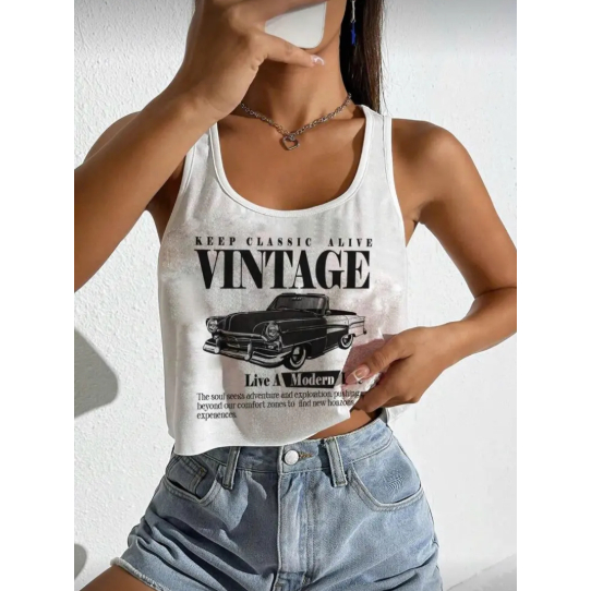 Áo ba lỗ nữ in hình chiếc xe vintage đơn giản basic freesize dưới 63kg thun cotton co giãn thoáng mát