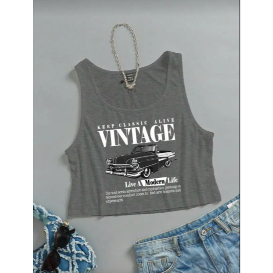 Áo ba lỗ nữ in hình chiếc xe vintage đơn giản basic freesize dưới 63kg thun cotton co giãn thoáng mát