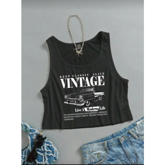 Áo ba lỗ nữ in hình chiếc xe vintage đơn giản basic freesize dưới 63kg thun cotton co giãn thoáng mát