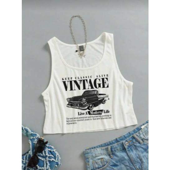 Áo ba lỗ nữ in hình chiếc xe vintage đơn giản basic freesize dưới 63kg thun cotton co giãn thoáng mát