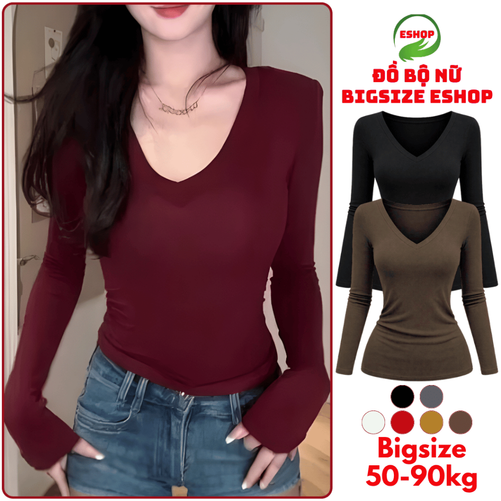 Áo Thun Nữ Tay Dài Cổ Tim Bigsize ESHOP Áo Kiểu Nữ Cổ V Cổ Vuông Trơn Đẹp Dáng Ôm Dễ Thương MS217