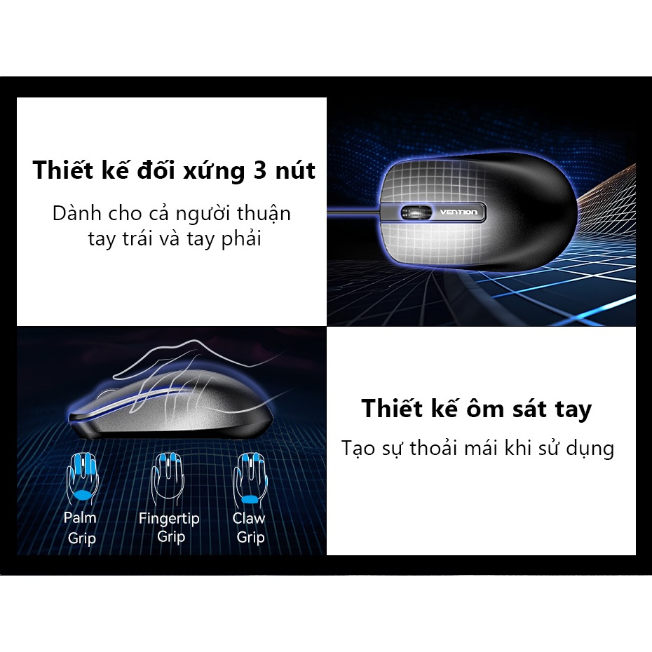 Chuột máy tính có dây Vention Hỗ trợ 1200DPI, USB 3 nút,Thiết kế công thái học cho PC, Laptop.. Bảo hành 2 năm
