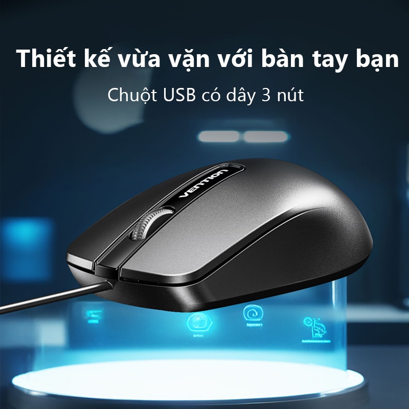 Chuột máy tính có dây Vention Hỗ trợ 1200DPI, USB 3 nút,Thiết kế công thái học cho PC, Laptop.. Bảo hành 2 năm