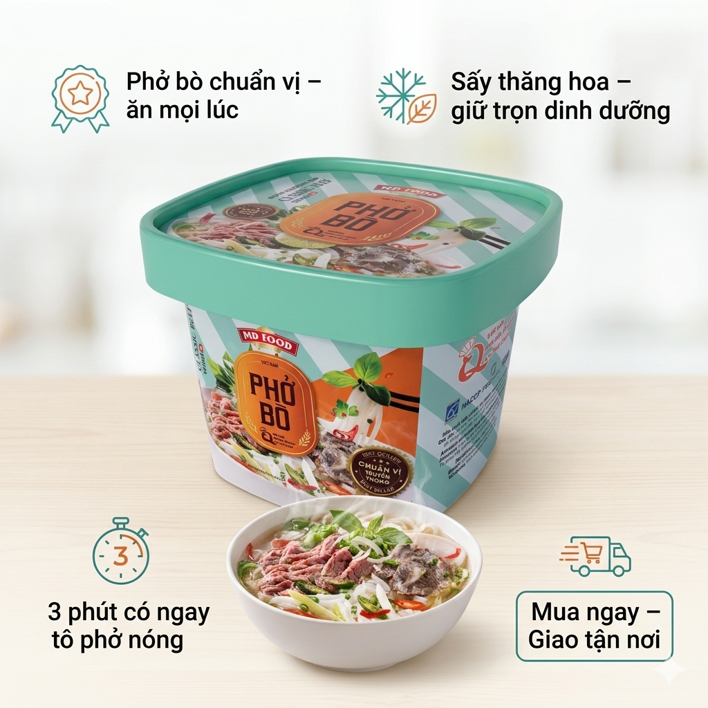 Phỏ Bò Sấy Thăng Hoa MDFOOD chuẩn vị nhà hàng, thơm ngon, tiện lợi