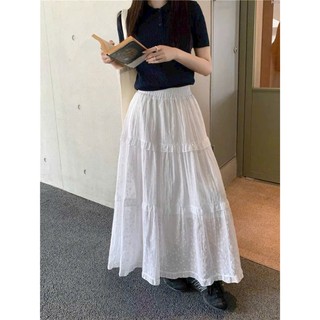 Chân Váy Dài Xếp Tầng Nhún Bèo Vải Xốp Dáng Xoè Thêu Hoa Nhí Lưng Chun Vintage Đi Biển - Cakecat