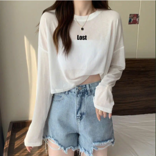 Áo thun dài tay nữ in chữ LOST sành điệu thun cotton co giãn thoáng mát thấm hút mồ hôi hình đơn giản trẻ trung