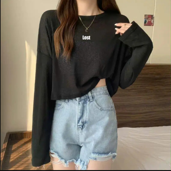 Áo thun dài tay nữ in chữ LOST sành điệu thun cotton co giãn thoáng mát thấm hút mồ hôi hình đơn giản trẻ trung