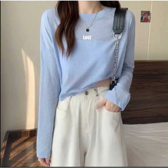 Áo thun dài tay nữ in chữ LOST sành điệu thun cotton co giãn thoáng mát thấm hút mồ hôi hình đơn giản trẻ trung