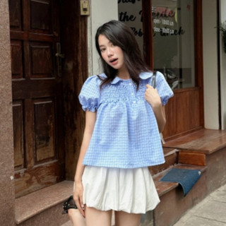 Áo Babydoll Kẻ Caro Cổ Sen Dễ Thương, Áo kiểu kẻ caro dễ thương – A595