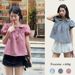 Áo Babydoll Kẻ Caro Cổ Sen Dễ Thương, Áo kiểu kẻ caro dễ thương – A595