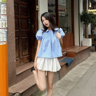 Áo Babydoll Kẻ Caro Cổ Sen Dễ Thương, Áo kiểu kẻ caro dễ thương – A595