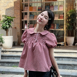 Áo Babydoll Kẻ Caro Cổ Sen Dễ Thương, Áo kiểu kẻ caro dễ thương – A595
