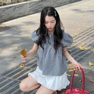 Áo Babydoll Kẻ Caro Cổ Sen Dễ Thương, Áo kiểu kẻ caro dễ thương – A595
