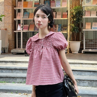 Áo Babydoll Kẻ Caro Cổ Sen Dễ Thương, Áo kiểu kẻ caro dễ thương – A595