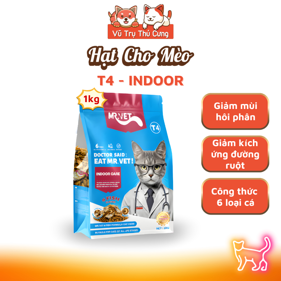 (1kg T4) Hạt Cho Mèo Mr.Vet T4 Topping 6 Loại Cá Giảm Mùi Hôi Chất Thải, Dành Cho Mèo Nuôi Trong Nhà
