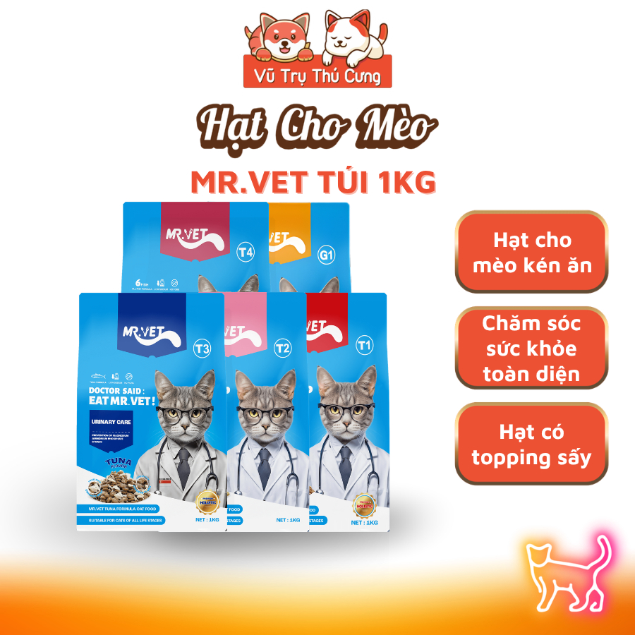 (Mua 1 Tặng 2) Thức Ăn Hạt Cho Mèo Mr.Vet 1kg Hạt Giàu Đạm, Hỗ Trợ Tiết Niệu Và Giúp Tiêu Búi Lông