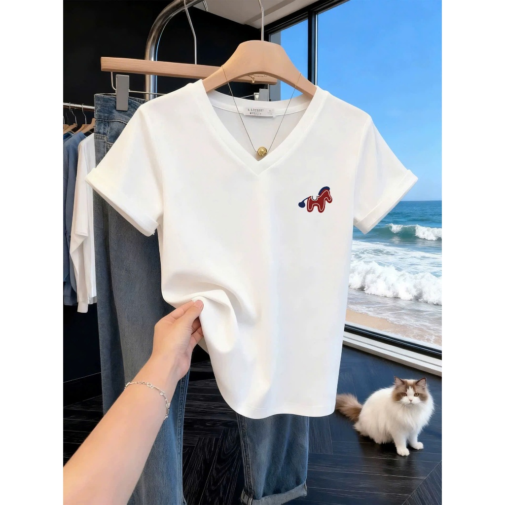 Áo thun xượt cổ tim Nữ in hình thời trang JULY FASHION, Áo thun nữ cổ tim, Cổ V phom vừa mặc hè siêu mát