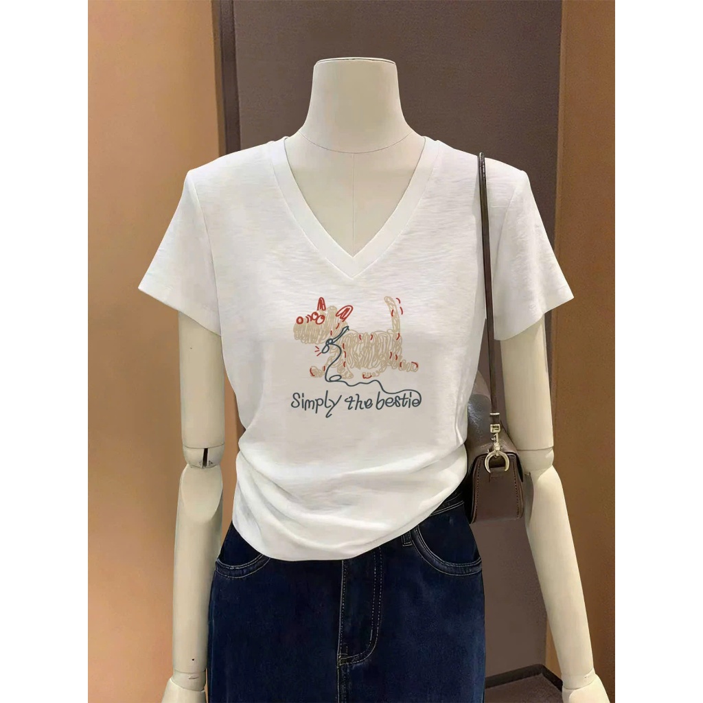 Áo thun xượt cổ tim Nữ in hình thời trang JULY FASHION, Áo thun nữ cổ tim, Cổ V phom vừa mặc hè siêu mát