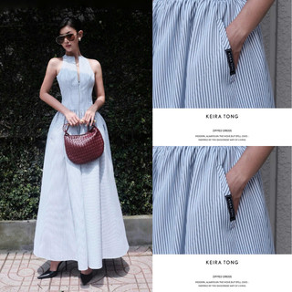 DAY CLOTHING-Đầm xòe dài họa tiết sọc đứng tôn chiều cao thiết kế cổ yếm sang trọng