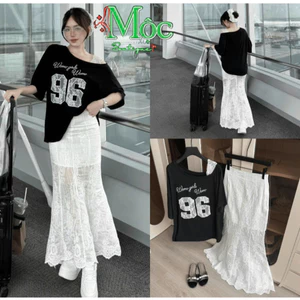 QC_Set váy dài, đồ nữ hè áo Cotton Su in lệch vai phối ren + chân váy đuôi cá Ren 2 lớp