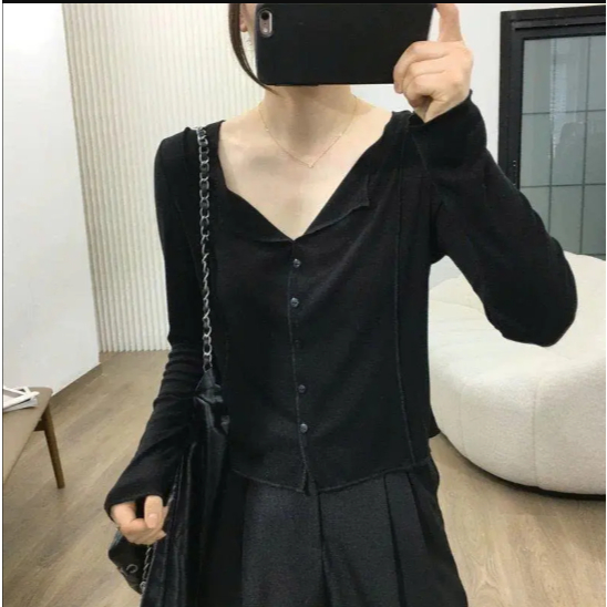 Áo thun dài tay nữ basic khuy cúc sành điệu thun cotton co giãn thoáng mát thấm hút mồ hôi hình đơn giản trẻ trung