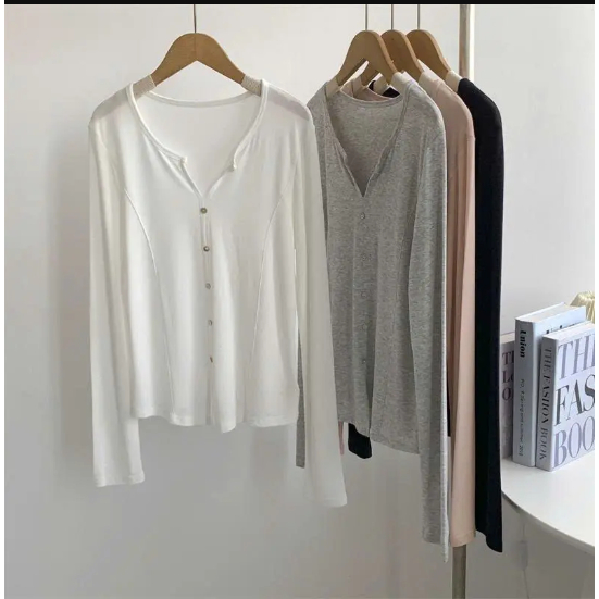 Áo thun dài tay nữ basic khuy cúc sành điệu thun cotton co giãn thoáng mát thấm hút mồ hôi hình đơn giản trẻ trung
