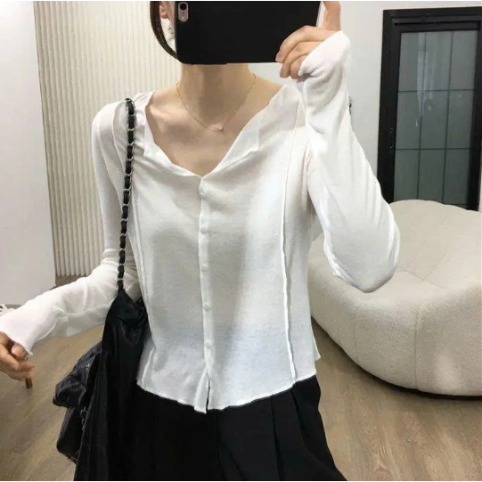 Áo thun dài tay nữ basic khuy cúc sành điệu thun cotton co giãn thoáng mát thấm hút mồ hôi hình đơn giản trẻ trung
