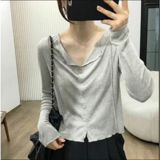 Áo thun dài tay nữ basic khuy cúc sành điệu thun cotton co giãn thoáng mát thấm hút mồ hôi hình đơn giản trẻ trung