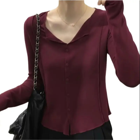 Áo thun dài tay nữ basic khuy cúc sành điệu thun cotton co giãn thoáng mát thấm hút mồ hôi hình đơn giản trẻ trung