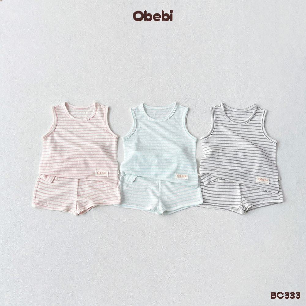 Bộ Ba Lỗ Họa Tiết Kẻ Pastel Mùa Hè Thông Thoáng Mềm Mát Obebi Cho Bé Gái, Bé Trai 8-22kg BC333