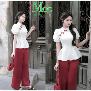 Set đồ lam, set tiểu thư mặc Tết cổ phong chất Gấm áo hoa tay búp đính ngọc nơ kèm quần Tuyết Nhung