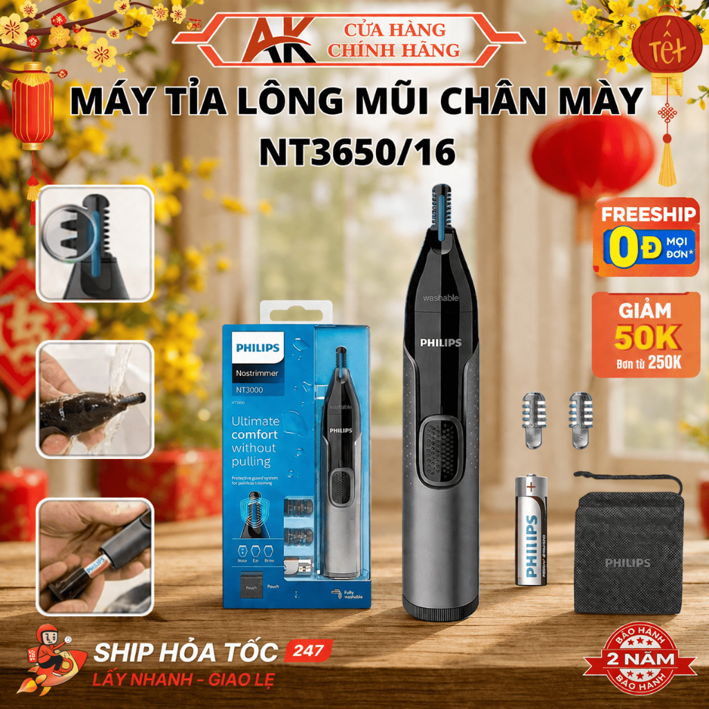 Máy Tỉa Lông Mũi Chân Mày Philips NT3650/16 Với Thiết Kế Hiện Đại, Chống Nước, An Toàn Khi Sử Dụng