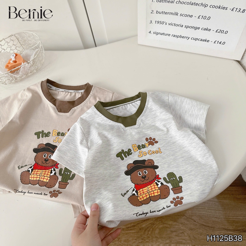 Bộ cotton gấu cao bồi cá tính, set áo thun quần cotton mềm mát cho bé