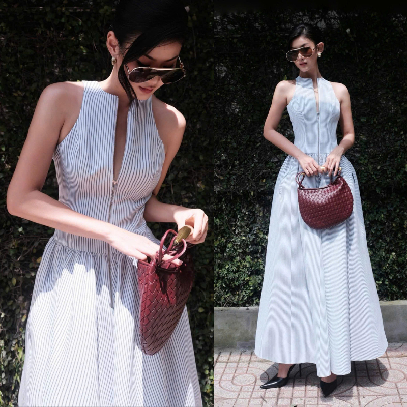 ZIMM STORE-Váy maxi kẻ sọc đi du lịch thiết kế sát nách cổ yếm tôn bờ vai thon và vóc dáng