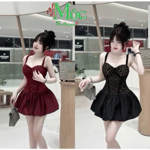 M_Đầm váy ngắn, đầm đi tiệc dáng bí thiết kế Ren cúp ngực 2 dây có mút ngực kèm quần trong quyến rũ