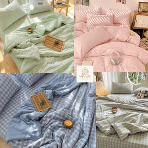 Bộ Chăn Ga Gối Cotton Đũi Họa Tiết Kẻ Sọc Vintage Phong Cách Hàn, Chất Đũi Mềm Mịn Thoáng Mát