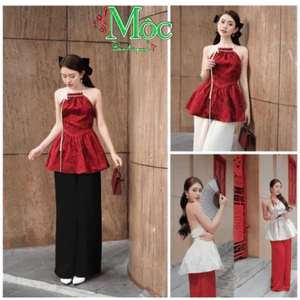 Set dồ lam, yếm cách tân, đồ Tết hiện đại thêu nổi 2 lớp xòe to kèm quần dài Tuyết Nhung