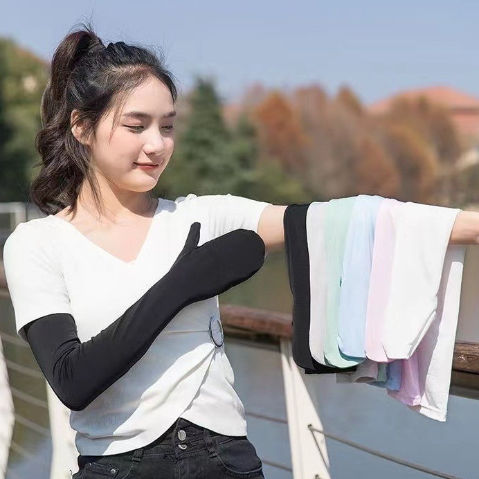 Găng tay chống nắng nữ che kín tay vải lụa băng siêu thoáng mát chống tia UV hiệu quả
